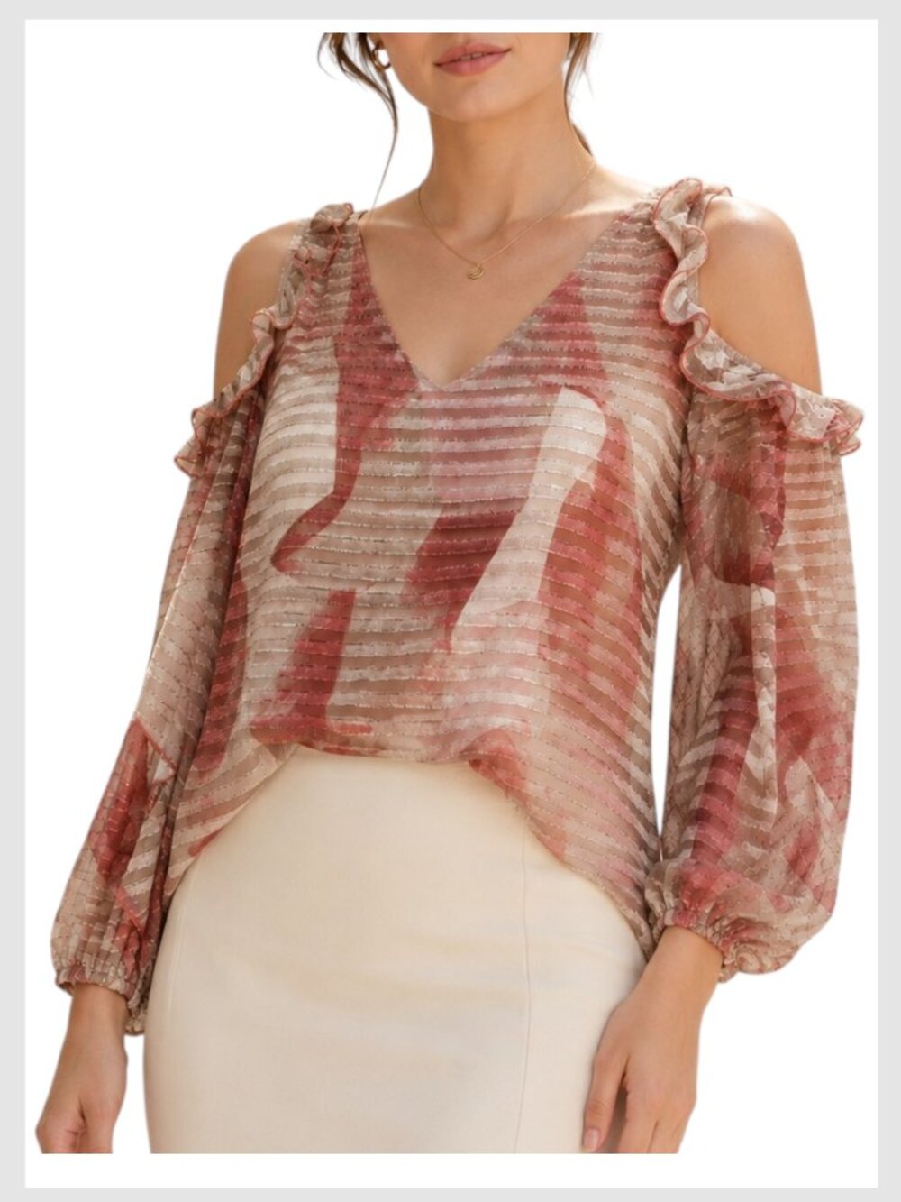 Adrienne Landau Blouse Cream Brown Cold Shoulder Ruffle Sleeve L